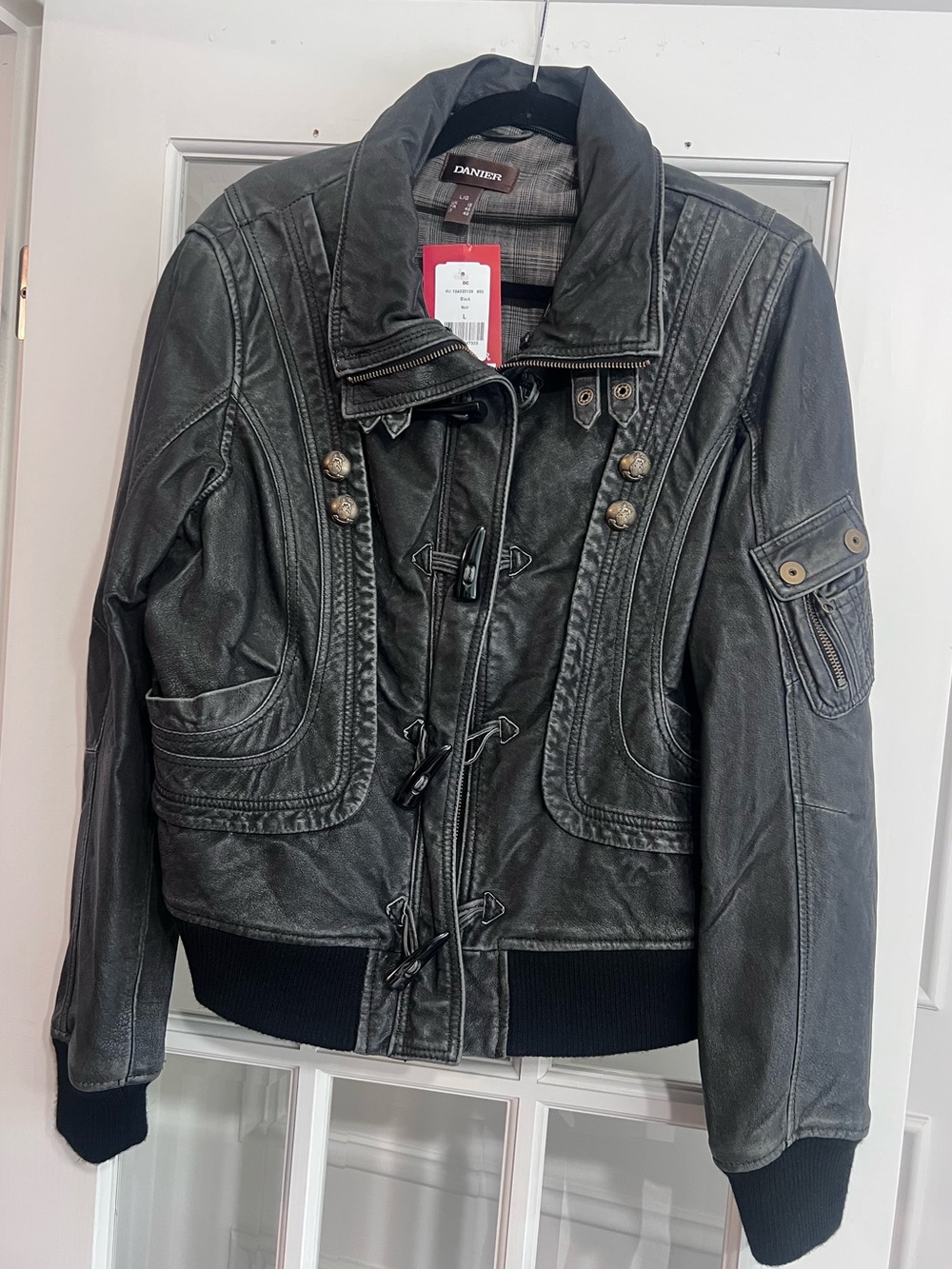 Danier Charcoal Black Leather Toggle Bomber Jacket